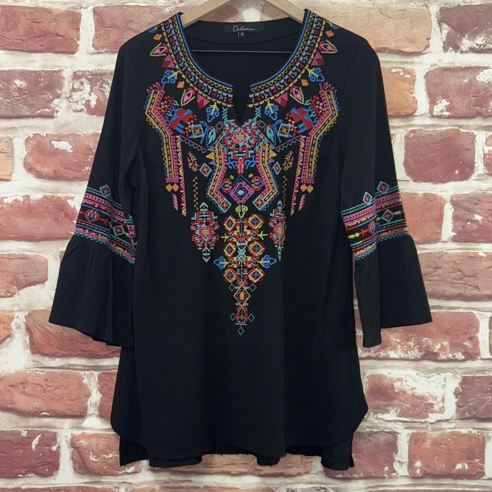 Calessa Top Women's S Black Multicolor Embroidered Boho Abstract Casual Shirt